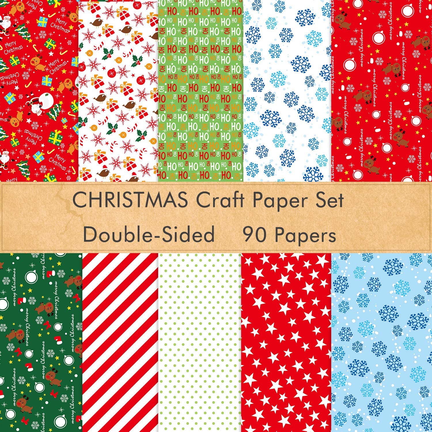 FEPITO 90 Sheets Christmas Pattern Paper Set, 14 x 21cm Decorative Paper for DIY Scrapbook Card Making Decoration, 10 Designs