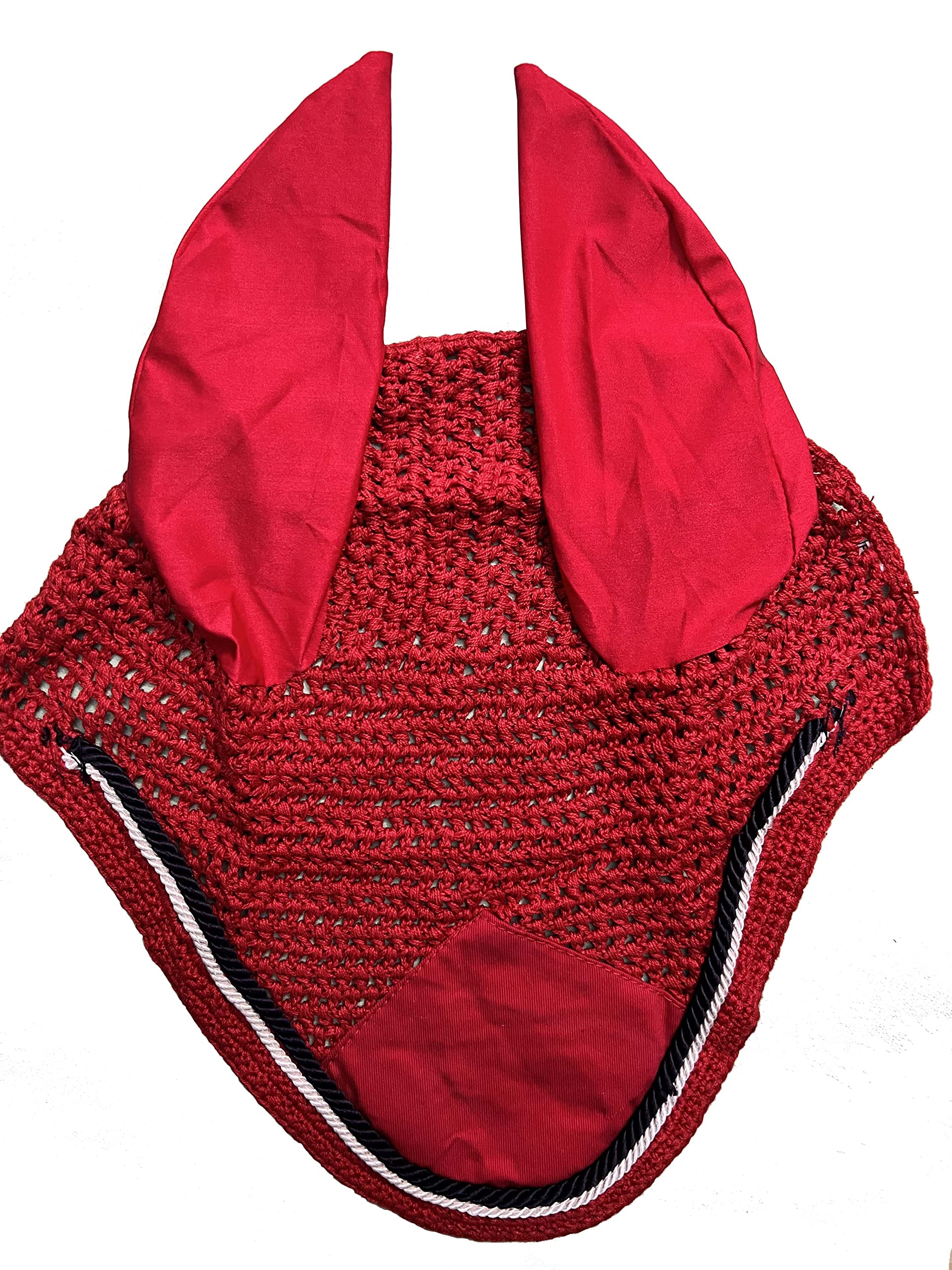 Spire Horse Soft Crochet Fly Veil Breathable Cotton Ear Net Hood Horse fly Control Masks Protector Bonnets (Pony, Red/Black-White)