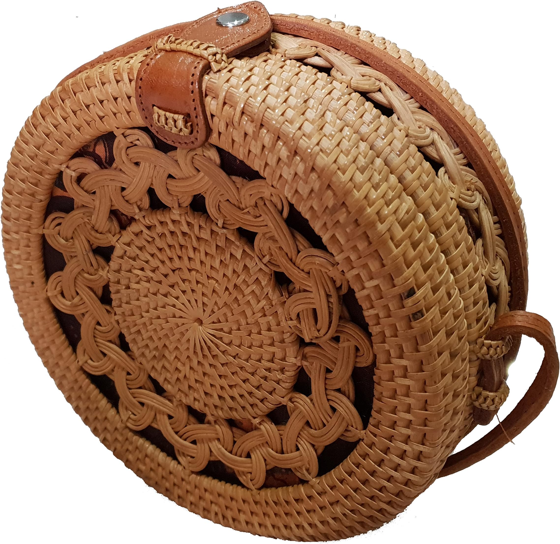 Rattan Nation Handwoven Leather Closure Thick Classic Round Rattan Bag