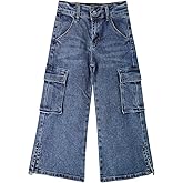 KIDSCOOL SPACE Girls' Cargo Jeans with Flap Pocket, Wide Leg and Split Hem Boyfriend Denim Pants
