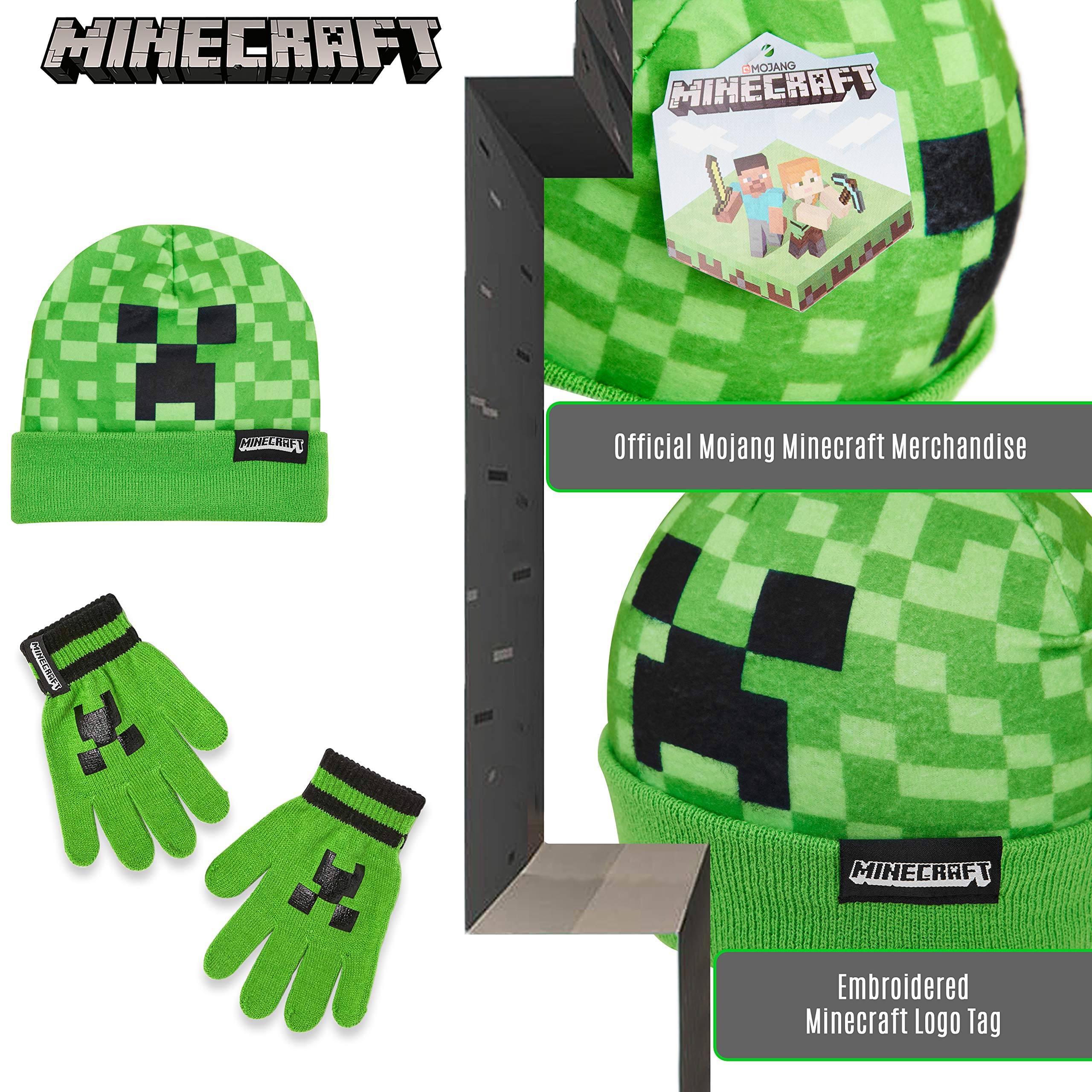 Minecraft Boys Winter Set, 6–14 Yrs, 3Pc Beanie Scarf Gloves, 2Pc Knit Cap Mitts, 1 Pc Bucket Hat|Beanie Gifts for Boys