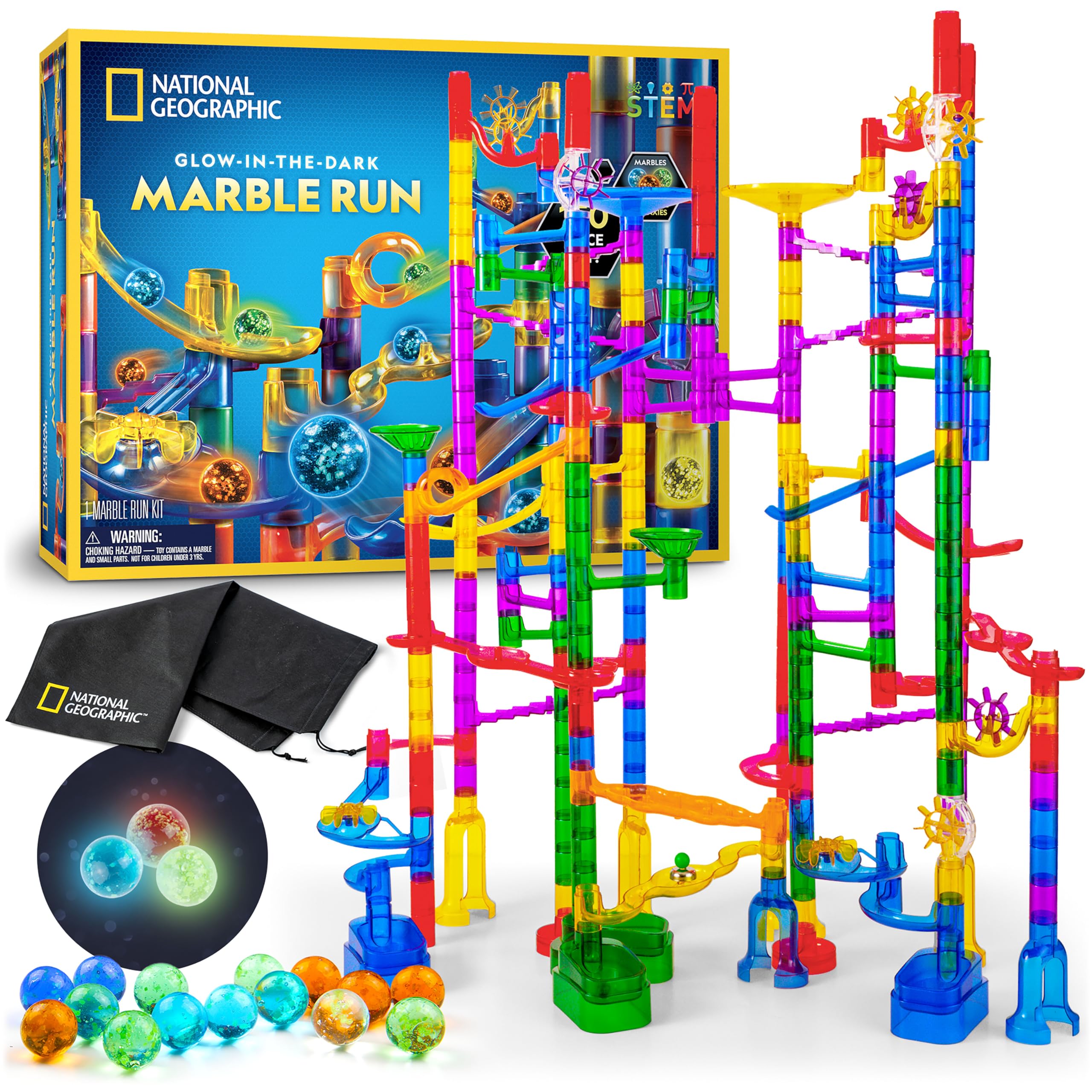 Photo 1 of ***MISSING PIECES -SELLING AS INCOMPLETE PARTS ONLY*** NATIONAL GEOGRAPHIC Glowing Marble Run – Piece Construction Set with 30 Glow in The Dark Glass Marbles & Storage Bag, STEM Gifts for Boys and Girls, Building Project Toy
