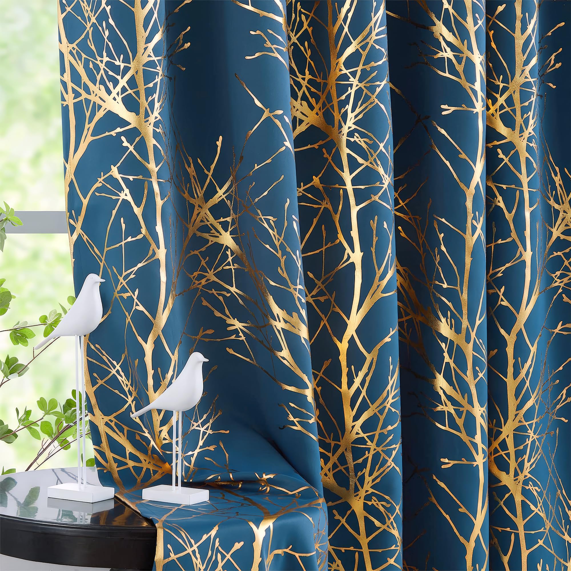Fmfunctex Blackout Thermal Curtains for Living Room 90 Inch Drop Navy Gold Eyelet Curtains for Bedroom Branch Foil Print Room Darkening Energy Saving Window Curtain Drapes 2 Panels