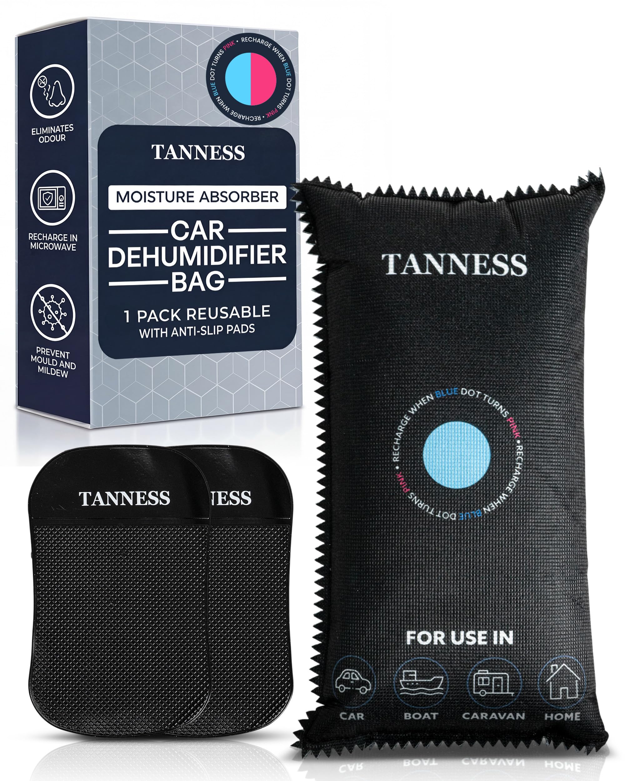 Tanness 1 Pack x 1kg Car Dehumidifier Bags with Anti-Slip Pads - Essential Accessories, Moisture Absorber, Reusable, Recharges in Microwave - Multipurpose for Home, All Spaces & Vehicles
