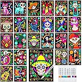 Zhanmai Pack of 48 Day of The Dead Sugar Skull Velvet Coloring Posters and Watercolor Pens Dia De Muertos Fuzzy Velvet Coloring Posters for Adults Teenagers Large Poster Arts Crafts