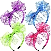Blulu 4 Pcs 80's Lace Headband with Bow 80s Hair Accessories Neon Lace Bow Headband for Women Retro 1980s Party