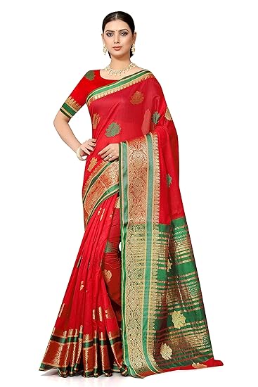 leeza store cotton with blouse piece Saree Red_one size