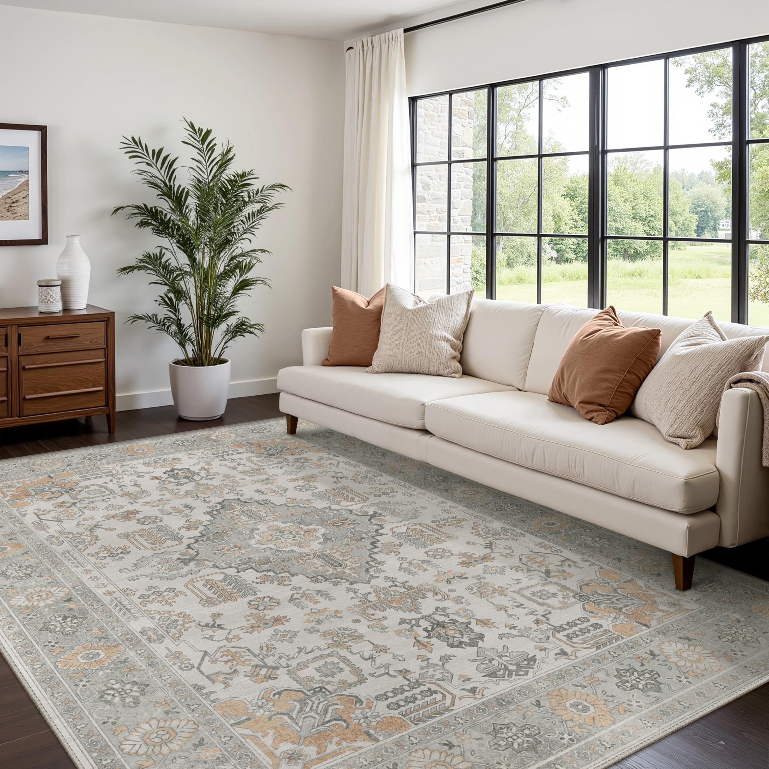 Photo 1 of Bavni Vintage 8x10 Area Rugs, Boho Oriental Living Room Rug, Machine Washable Rug Non Slip, Distressed Print Indoor Large Grey Rugs, Low Pile Ultra-Thin Soft Carpet for Bedroom, Dining Room, Farmhouse