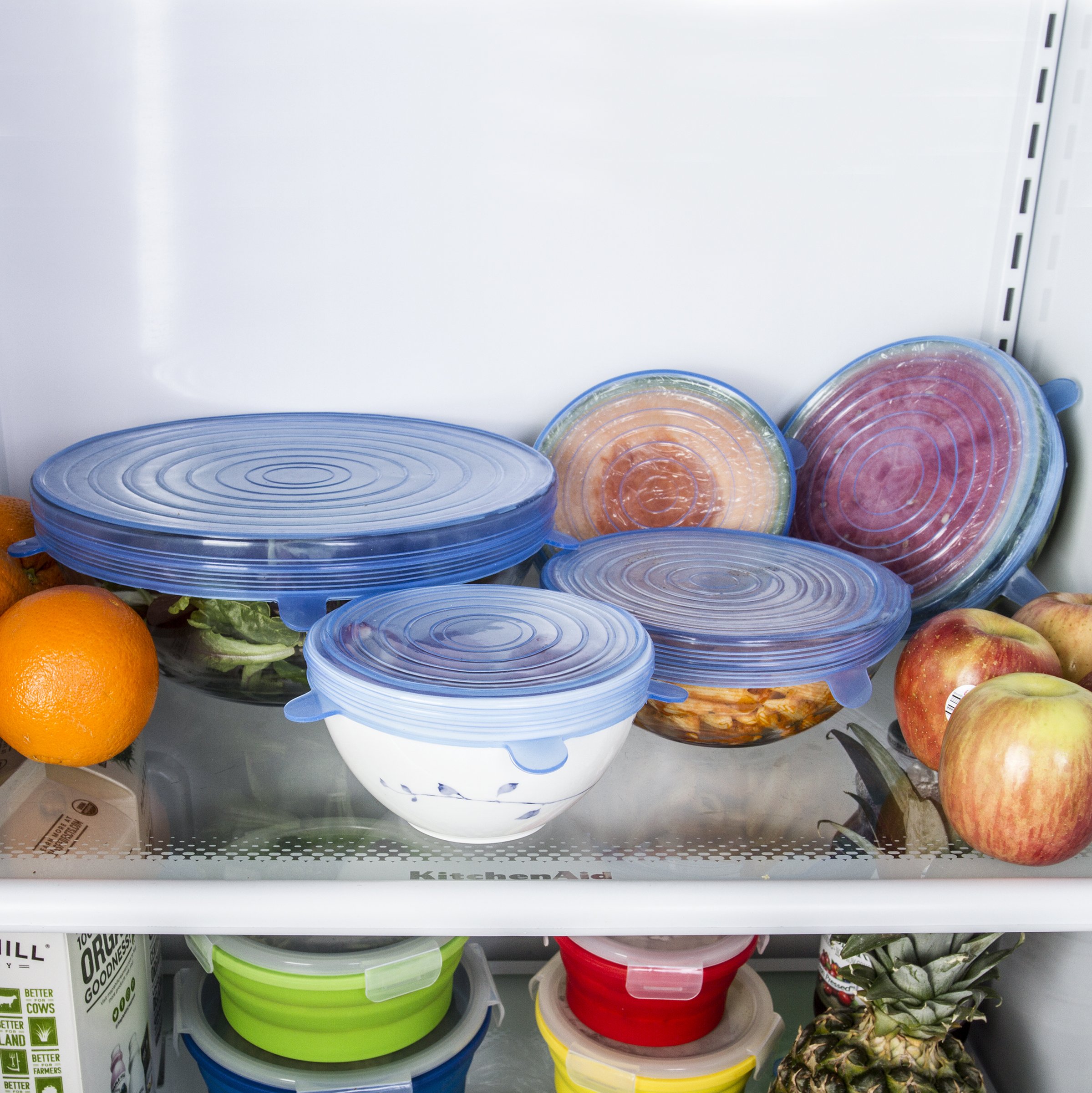 Kitchen + Home Silicone Stretch Lids - Set of 6 Silicone Food Saver Covers - BPA Free, Dishwasher, Microwave, Oven and Freezer Safe