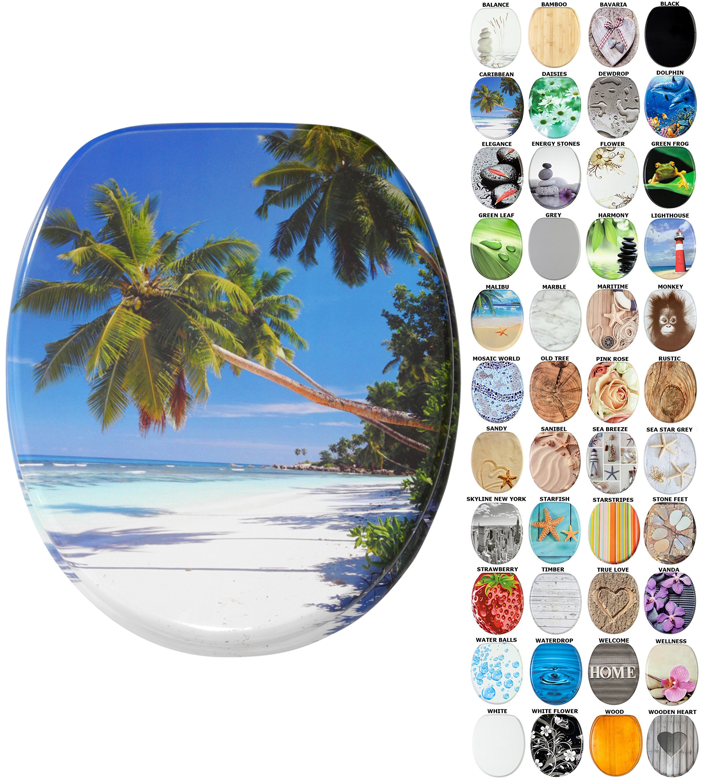 Soft Close Toilet Seat | Stable Hinges | Easy to Mount | Many Different Designs (Caribbean)