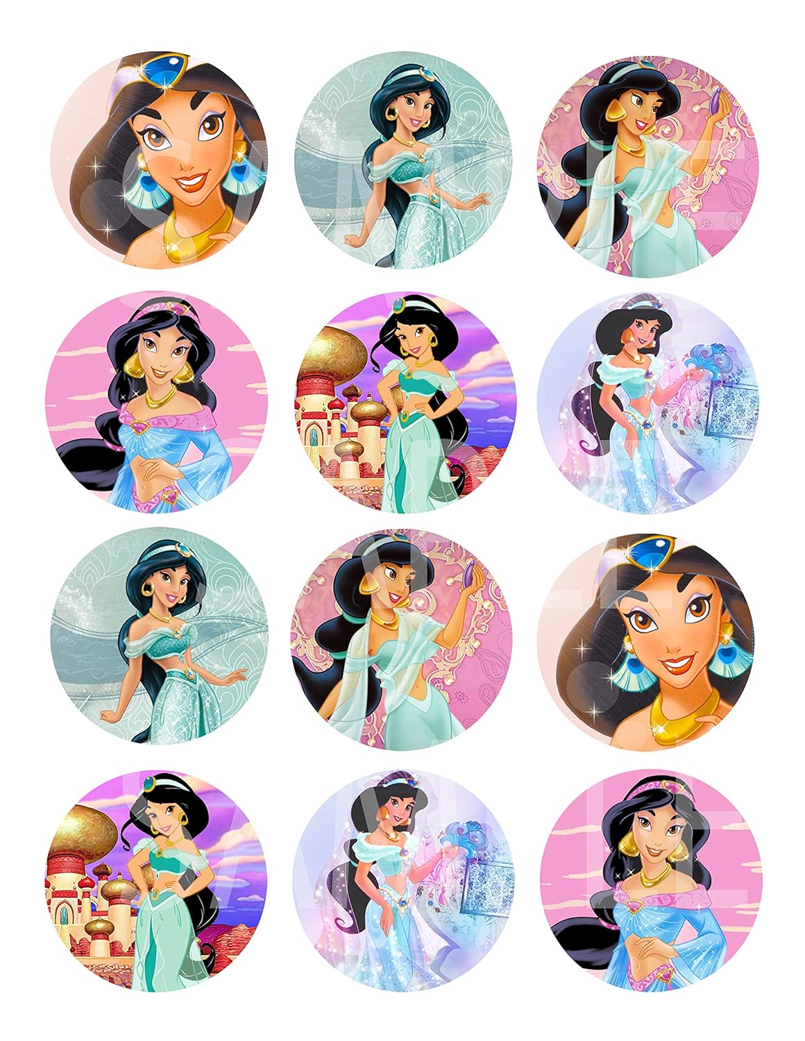 Princess Jasmine Stickers, Large 2.5” Round Circle DIY Stickers to Place onto Party Favor Bags, Cards, Boxes or Containers -12 pcs Alladin Princess Jasmine Jafar Genie Magic Lamp Animated Movie