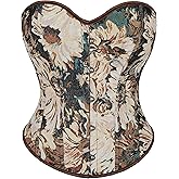 Eohak Women's Sexy Satin Corset-Bustier Floral Print Boned Overbust Corset Top Black Satin Waist Cincher