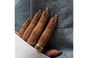Bronze Chrome Fall Press on Nails Medium Almond, KQueenest Metallic Brown Acrylic Fake Nails Medium Stiletto, Glitter Glue on Nails for Women Daily Party Wear, Glossy False Nails Press ons in 24 Pcs