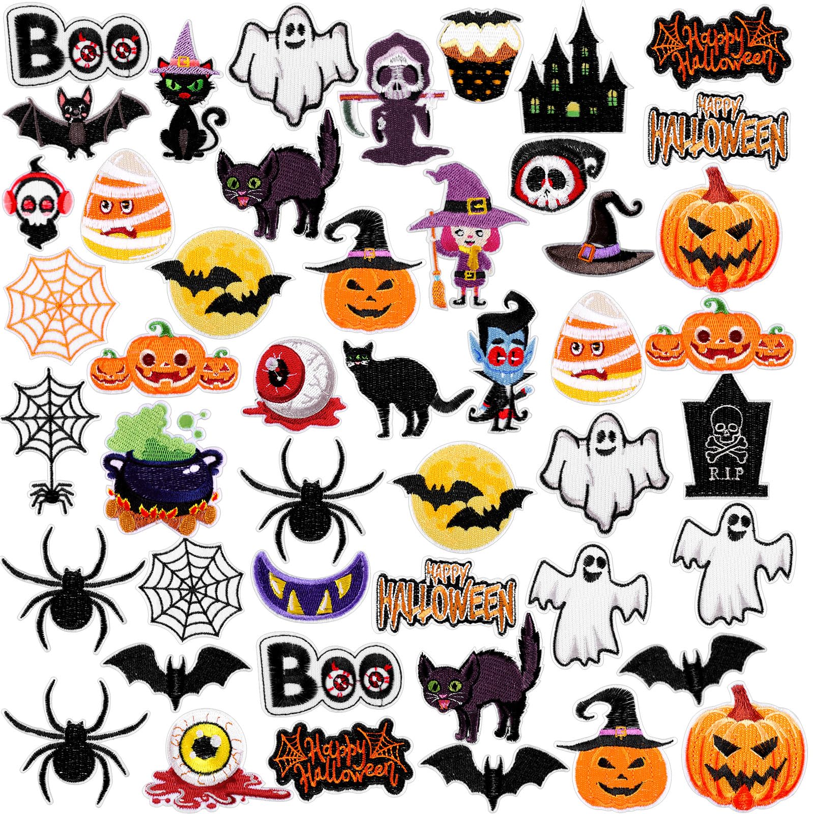 Photo 1 of Yuxung 48 Pcs Halloween Iron on Patches Boo Pumpkin Bat Ghost Cat Witch Sew on Embroidered Applique Patches Fall Decorative Repair Patch Halloween DIY Crafts Accessories for Clothing Jacket Backpack