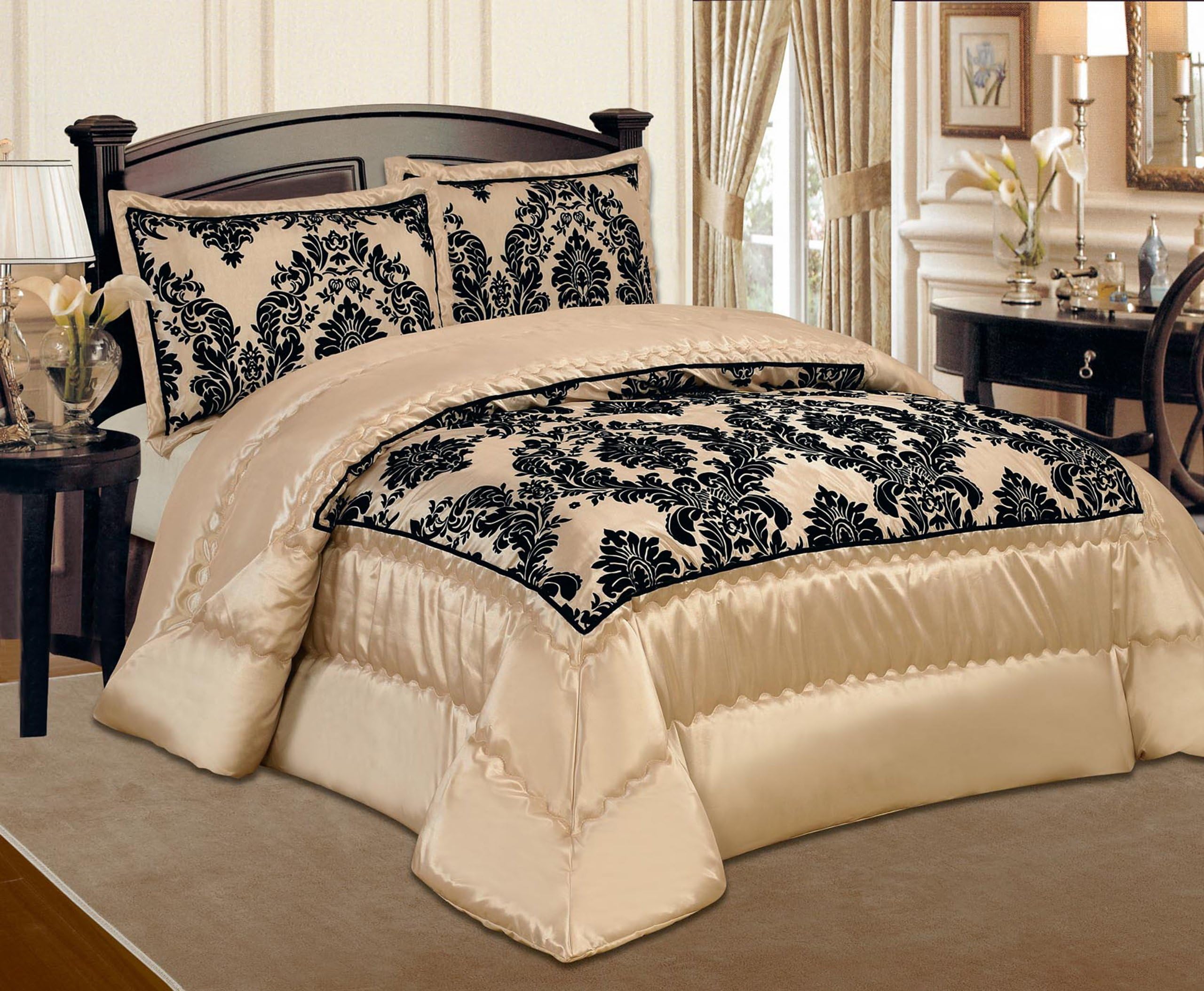 New Luxurious 3pcs Quilted BedSpread Set / Comforter Set / Double & King Size (Cream Black) (King)