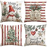 OTOSTAR Merry Christmas Throw Pillow Covers 18x18 Inch Set of 4, Xmas Trees Merry & Bright Snowman Gloves Striped Red Decorative Pillow Cases Winter Holiday Cushion Covers for Sofa Couch