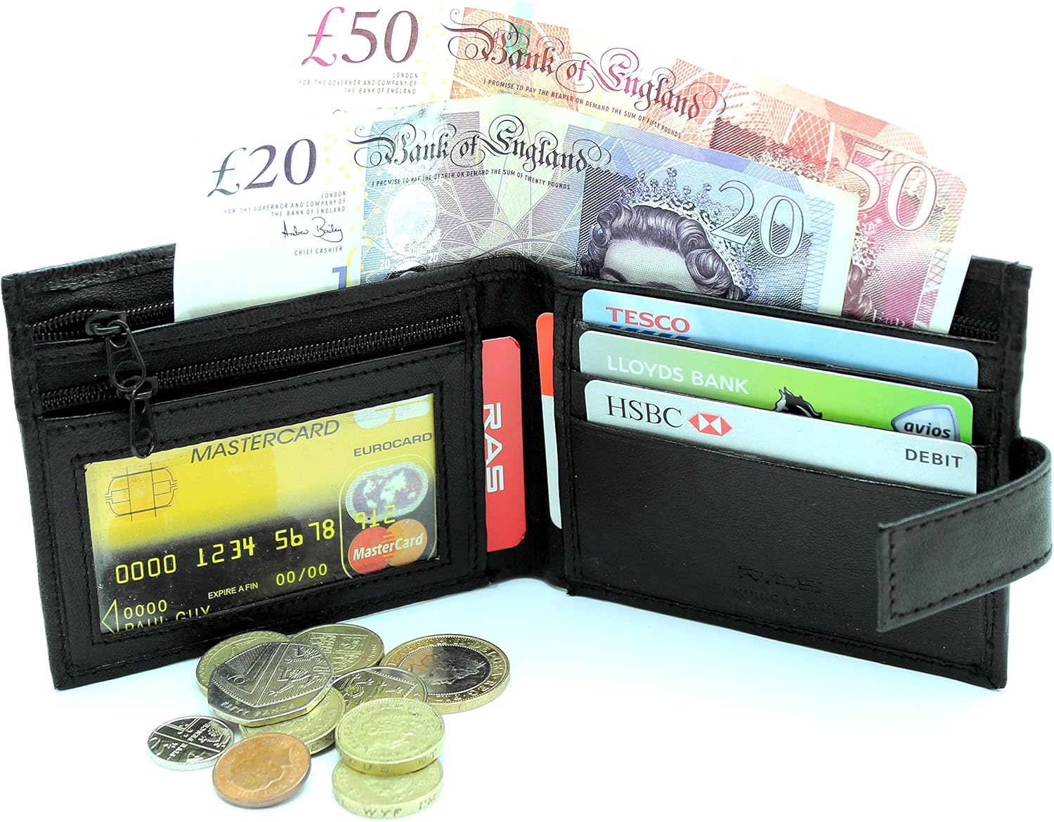 RAS Mens Genuine Leather RFID Blocking Bifold Zip Coin Pocket Wallet 421 (Black), 12cm x 9.5cm - Image 3