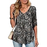 OIDUICOULD Women's Plus Size 3/4 Roll Sleeve Tops V Neck Casual Soft Blouse M-4X