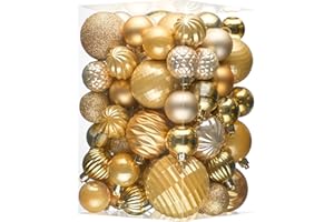 JORNOY Christmas Tree Ornaments Set, 47 Pack Assorted Shatterproof Hanging Balls Decorations, Plastic Bulbs Bulk with Lanyard for Home Holiday Party Decor, 3-Sizes (Gold)