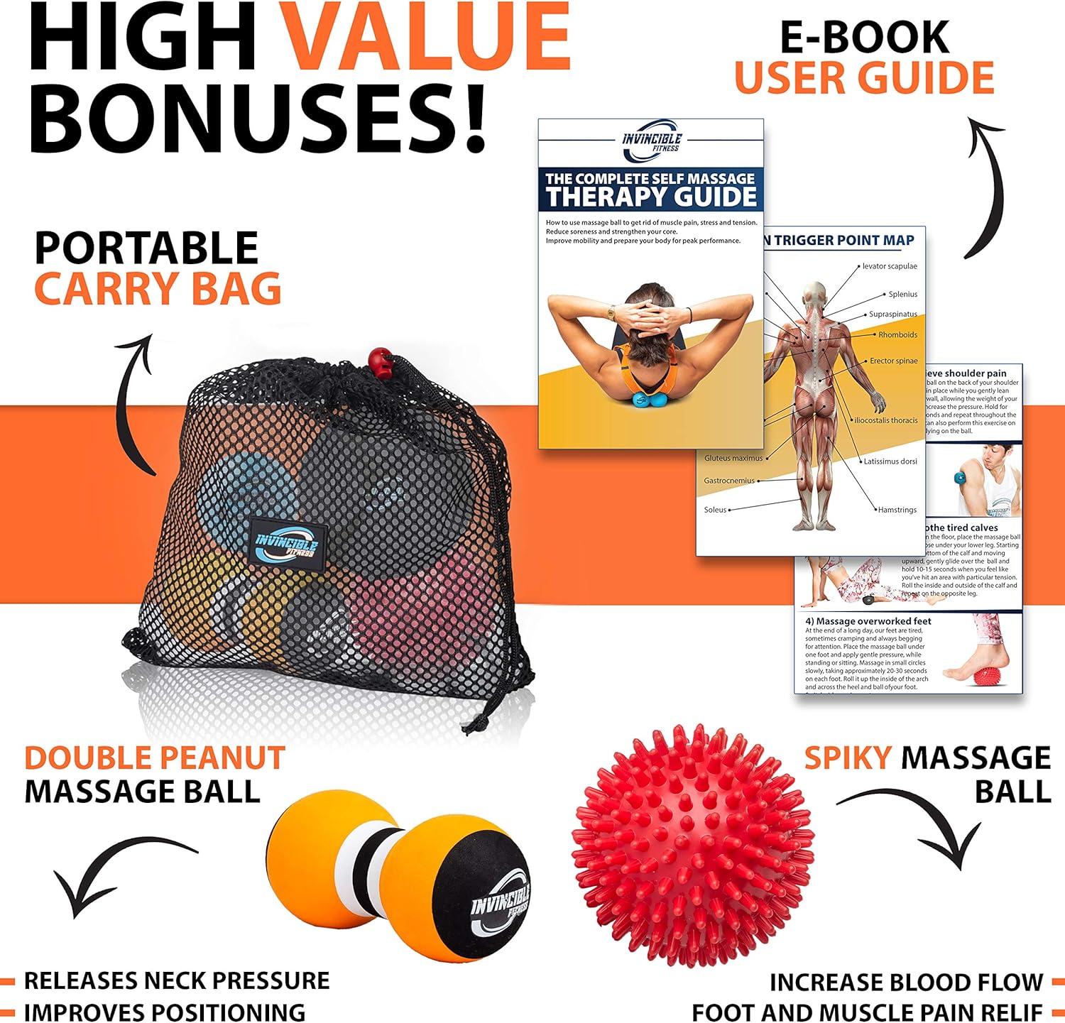 Deep Tissue Massage Ball Set - Includes 5" Foam Roller Mobility Ball, Double Peanut Lacrosse Ball, Spiky Ball for Trigger Point Therapy, Myofascial Release, Foot Reflexology, Plantar Fasciitis: Sports & Outdoors