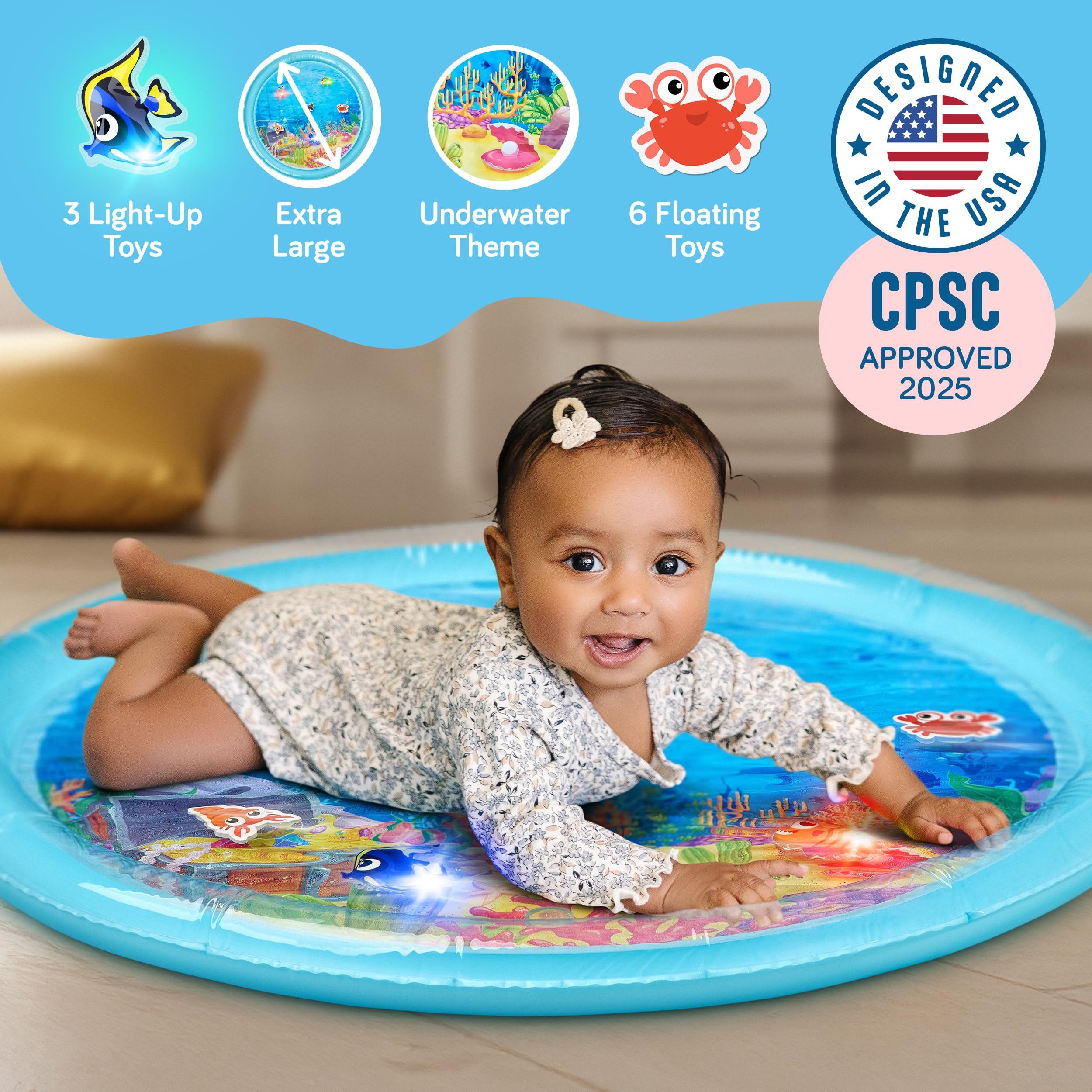 SplashEZ Lights Up Tummy Time Water Mat for Babies, 30