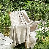 MooMee Muslin Blanket - 100% Cotton 4-Layer Gauze Throw Blanket with All-Around Fringe, Ultra-Soft Breathable Lightweight Cooling Decorative for Bed, Sofa & Couch (Cream Grey,Throw XL 50" x 70")