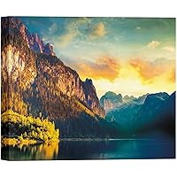 SIGNWIN Canvas Wall Art Yellow and Orange Sunset by The Blue Lake and Mountains Landscape Wilderness Modern Art Tropical Panoramic Colorful Ultra for Living Room, Bedroom, Office - 12x18 inches