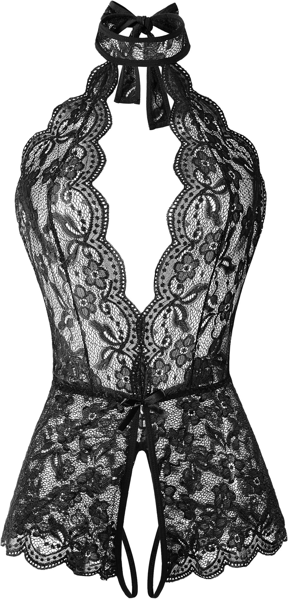 Women Sexy Teddy Lingerie Sleepwear One-Piece Lace Babydoll Bodysuit with, Black