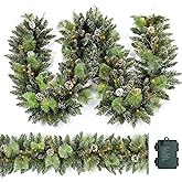 HomeKaren Christmas Garland Prelit 9 Ft with 50 Led Lights, Pine Cone and Snow Style Xmas Garland, Battery Operated Christmas Decor for Mantle Stair Indoor Outdoor