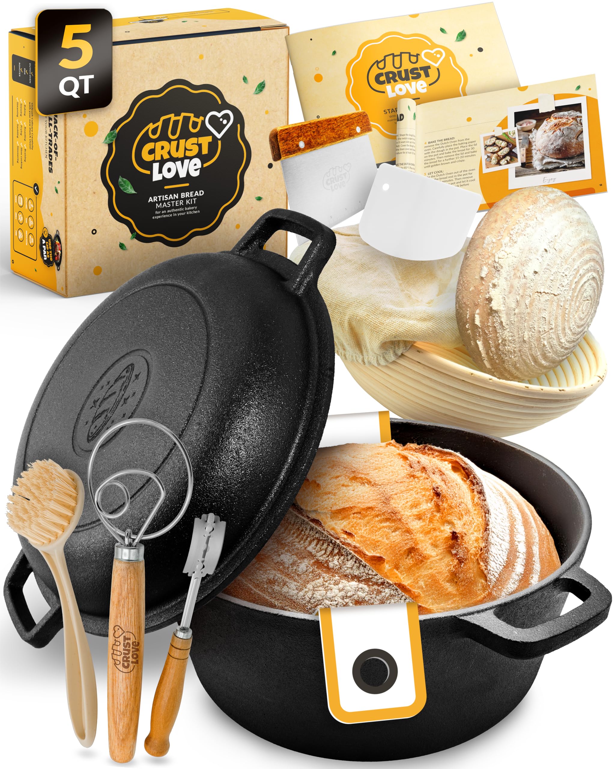 Photo 1 of CRUSTLOVE Cast Iron Dutch Oven for Bread Baking - incl. Sourdough Bread-Baking Supplies like Banneton Bread-Proofing Basket - 5QT Bread-Oven with Lid Bread-Making Kit Pan, Pot, Sour Sough Tools, Lame