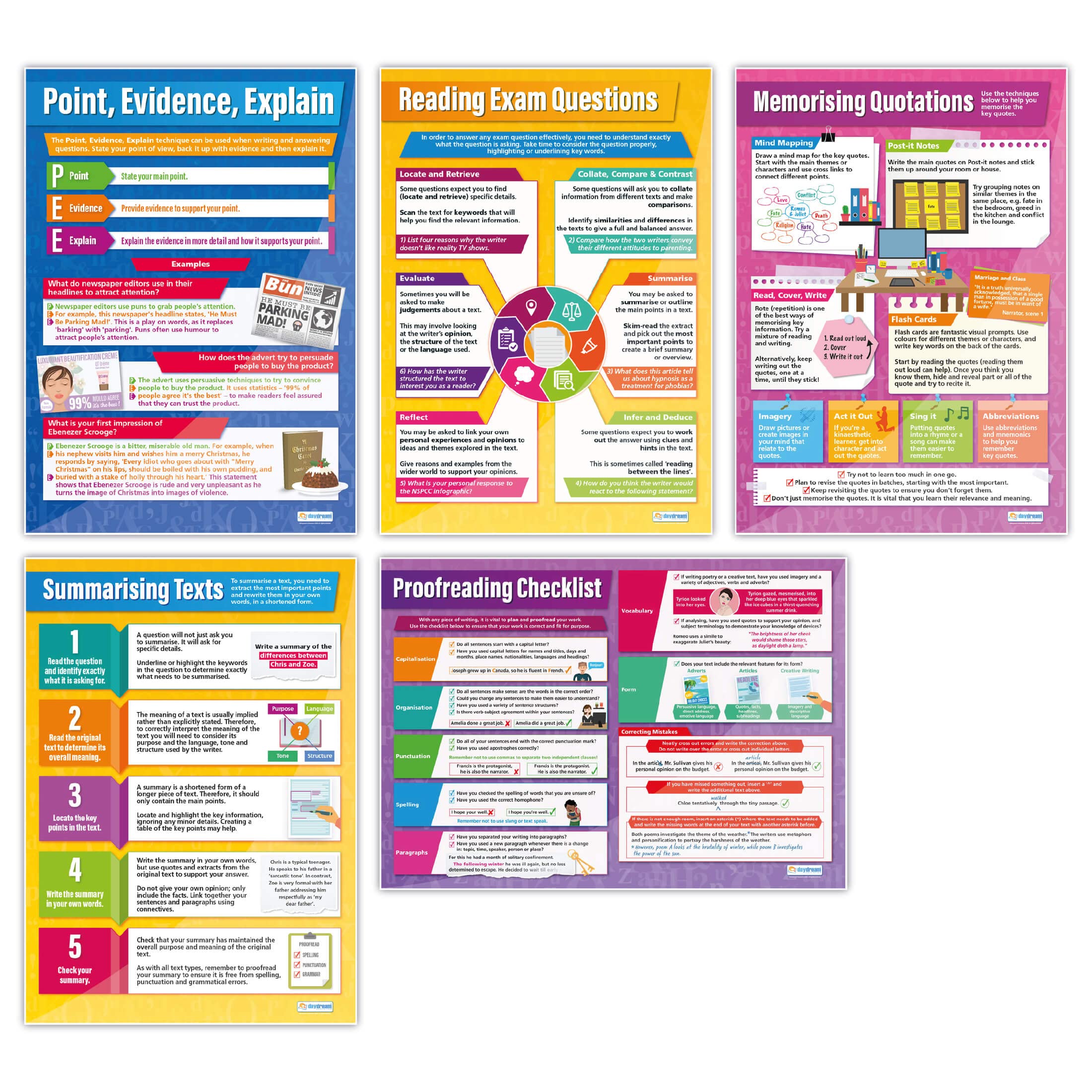 Daydream Education Exam Tips Posters, Gloss Paper Extra Large A1 (850 mm x 594 mm) - English Wall Chart for Classroom & Home (Pack of 5)