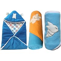 My Newborn Baby Fleece Hooded Blanket, Blue (Pack of 3)