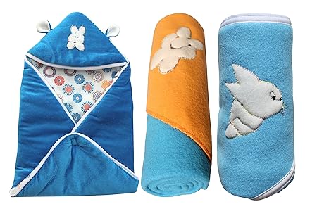 My Newborn Baby Fleece Hooded Blanket, Blue (Pack of 3)