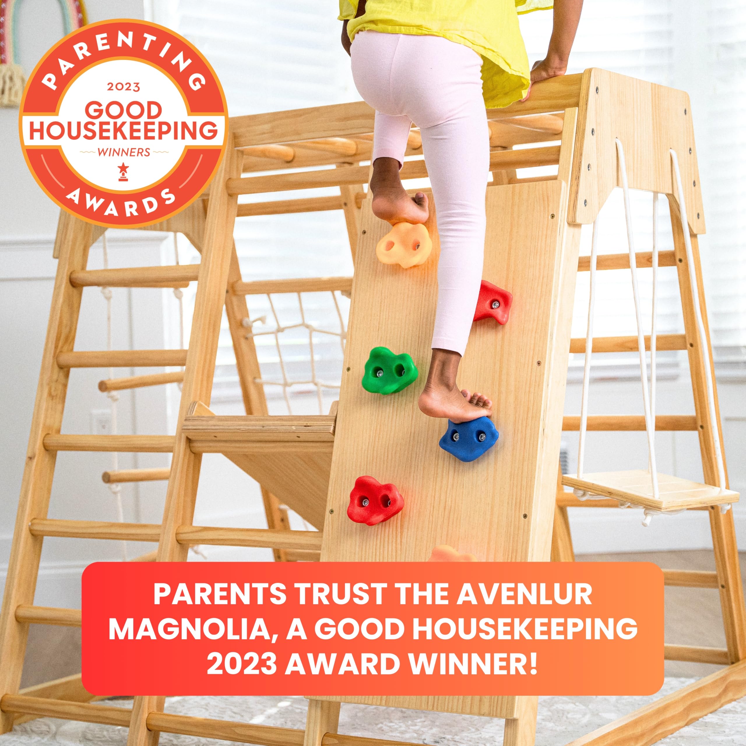 Avenlur Indoor Playground Jungle Gym – Magnolia 6-in-1 Montessori Wooden Indoor Playground for Kids & Toddlers Ages 2-6 – Waldorf Toys, Rope Ladder, Indoor Swing, Baby Slide, Rock Climbing Wall, More