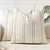 AELS 18x18 Decorative Farmhouse Linen Blend Throw Pillow Covers, Boho Textured Pillow Case, Set of 2, Beige with White & Gray Stitch Yarn Dyed Stripe Cushion Cover for Sofa Living Room (Cover ONLY)