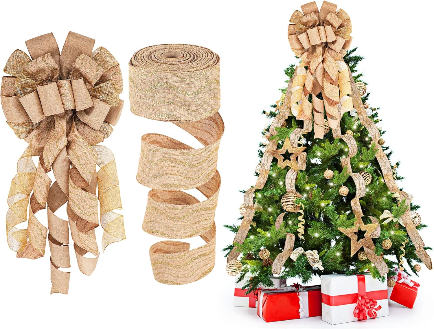 Bows & Ribbons - Christmas Tree Topper 12 x 34 Inch Hanging Christmas Large Bow Christmas Bowknot and A Roll Christmas Tree Decorations Ribbon, 2.5 Inch x 20 Yard for Christmas Decoration (Khaki Style)