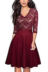 HOMEYEE Women's Chic V-Neck Lace Patchwork Flare