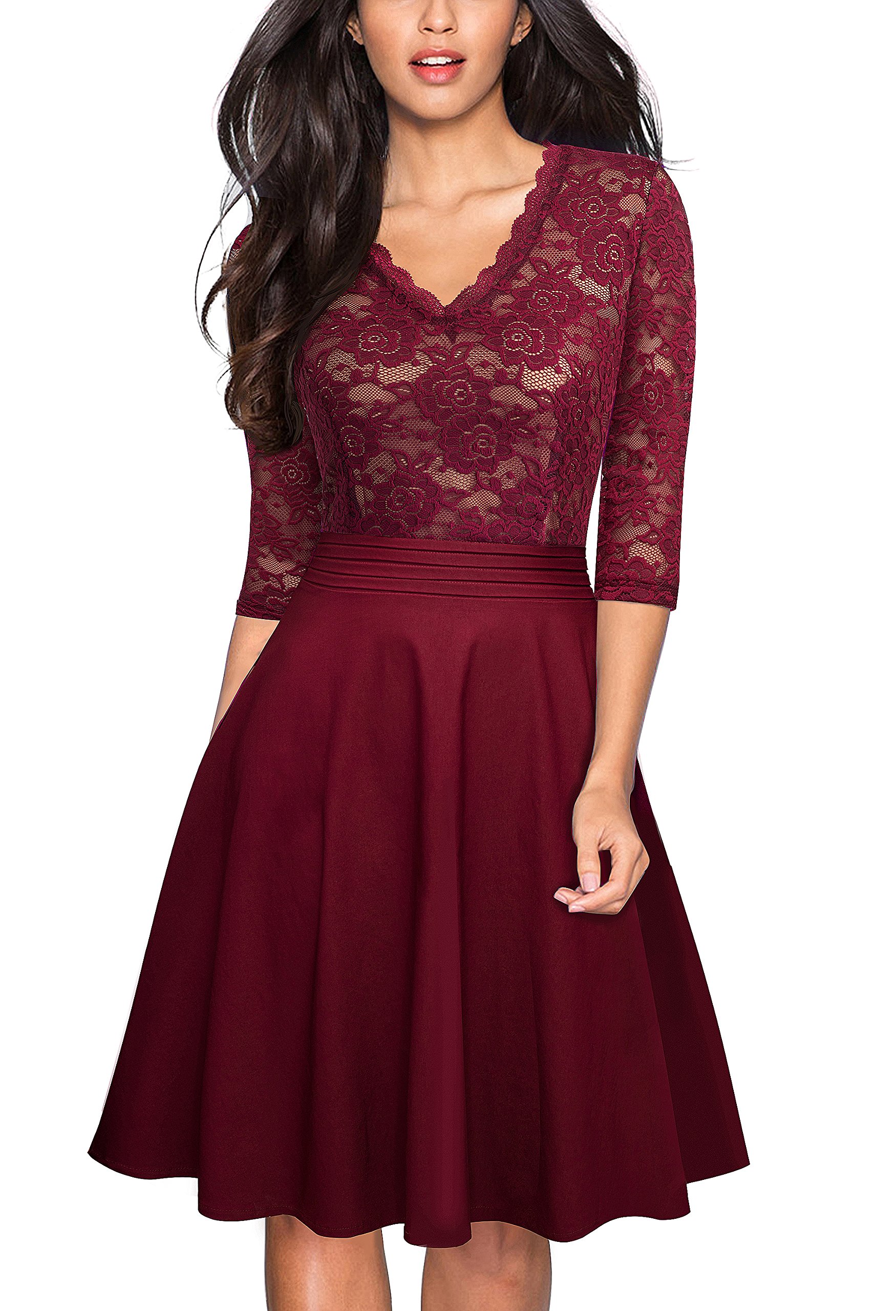 HOMEYEE Women's Chic V-Neck Lace Patchwork Flare