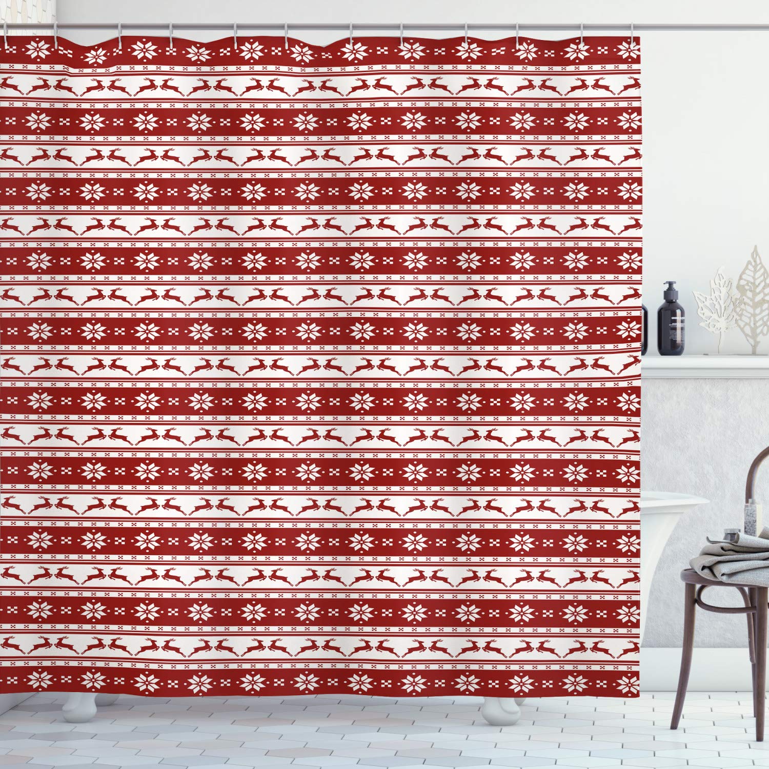 ABAKUHAUS Christmas Shower Curtain, Xmas Winter Themed Deers Snowflakes in Nordic Pattern Borders and Lines Artwork, Cloth Fabric Bathroom Decor Set with Hooks, 78 Inches, Ruby White