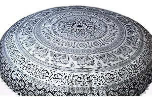CRAFT KALA Large Hippie Floor Pillow Cover Mandala Meditation Cushion Case Pouf Cover Round Poufs Cover Bohemian Floor Cushion Cover Outdoor Fireplace Yoga Living Room Decor 32" Black Silver Elephant
