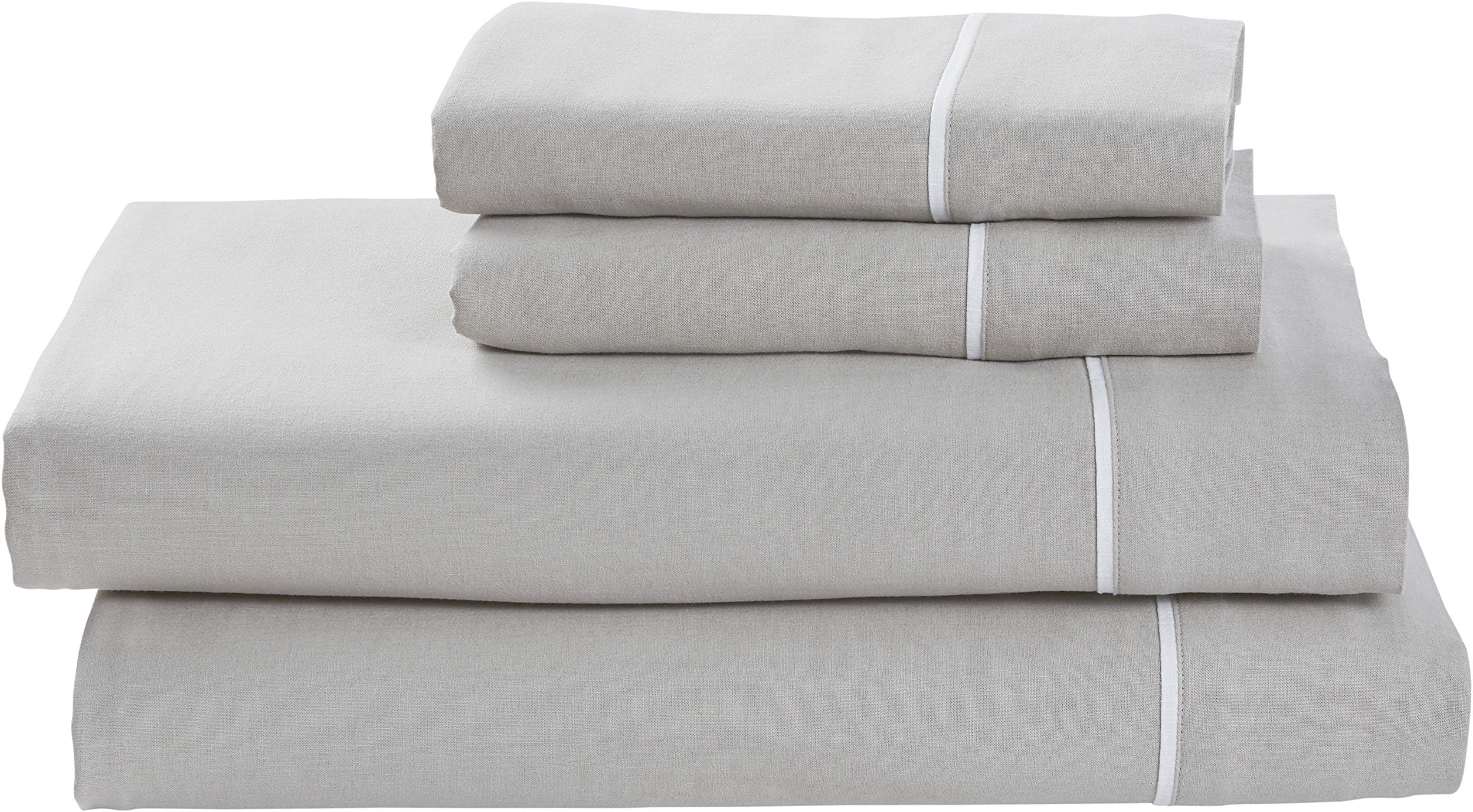 Amazon Brand – Rivet Contrast Hem Breathable Cotton Linen Bed Sheet Set, King, Vapor / White