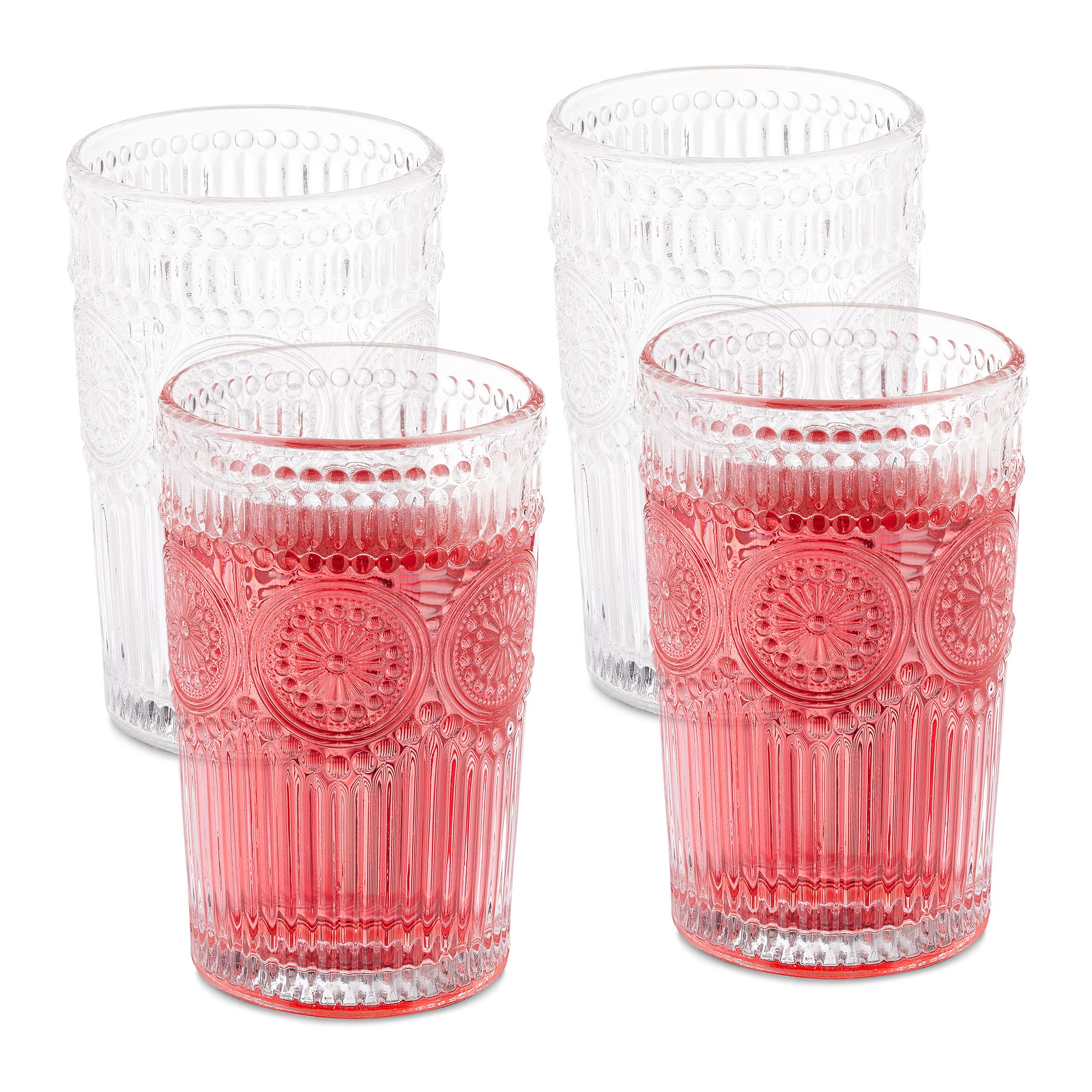 Relaxdays Drinking Set of 4, Dishwasher Safe, 400ml Each, Vintage Glasses with Floral Pattern, Transparent, 13 x 8 cm