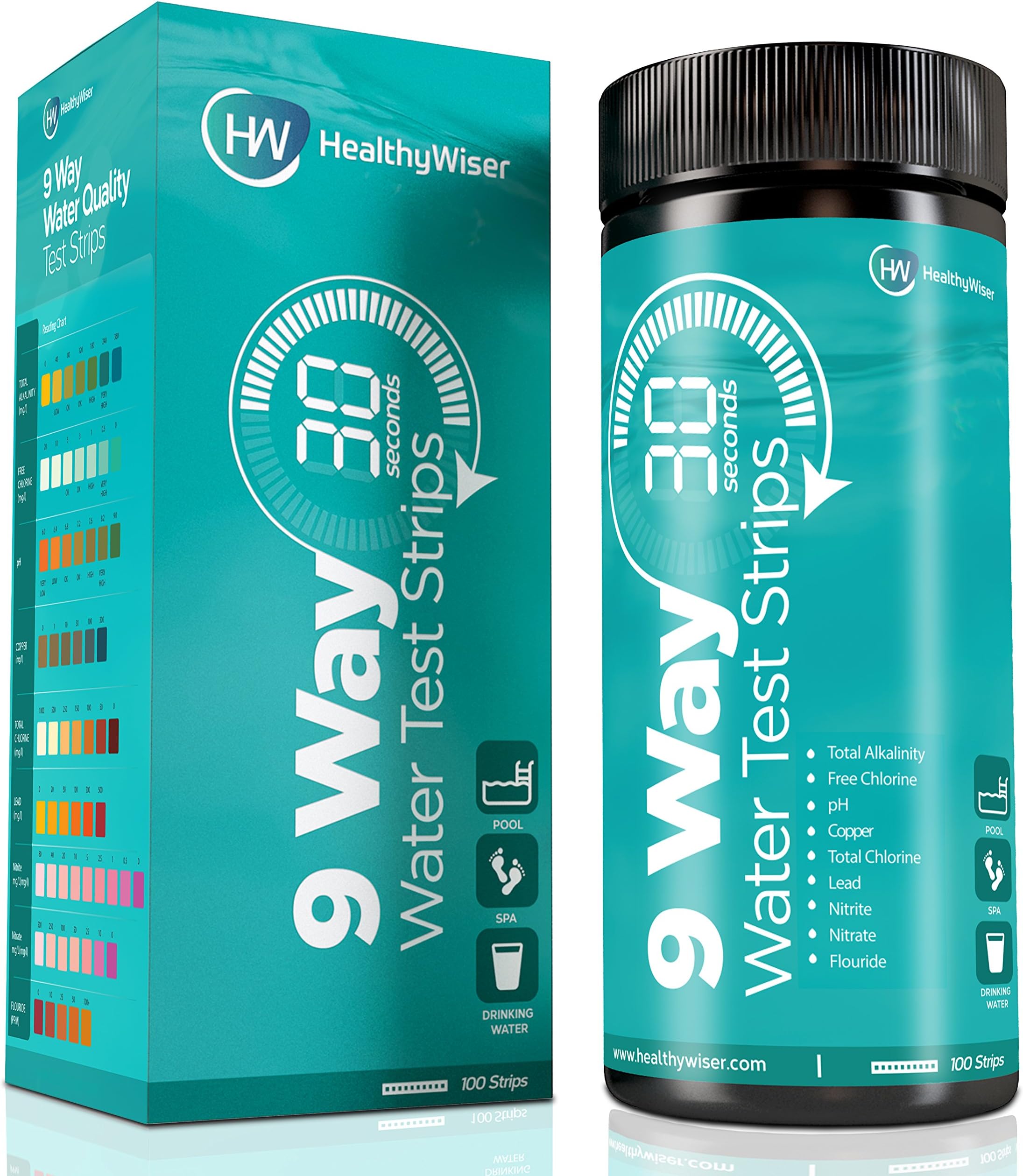 Water Test Kit 9-Way 100ct, Test Strips For Water, Pool, Spa, Water Purifier and Potable Water Sources, Detects, Nitrates, Nitrites, pH, Free Chlorine, Total Hardness and More, 30-Second Results