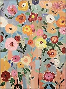 Hand-Painted Garden Flower Wall Art Blue Orange Pink Mid-Century Modern Rectangle