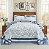 CozyStitch Floral Bedspread 102"x120" Oversized Queen Bedspread, 100% Cotton Oversized Queen Quilt with 2 Pillow Shams, Lightweight Farmhouse Quilted Bedspreads Coverlet Sets, White/Blue, 3 Pcs