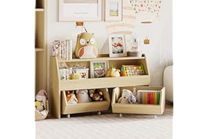 Fulhope Toy Storage Organizer for Kids, Toy Storage Cabinet with Drawers, Boys and Girls Toy Shelf with Wheels, Toy Organizer Kids Bookshelf with Storage for Nursery, Playroom, Bedroom (Burlywood)