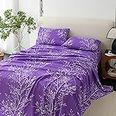 Spirit Linen home King Size Sheets Set - Pure Microfiber 4 Piece Polyester Bed Sheets, Fitted Sheet & Pillow Cases - King Sheets for All Seasons (Foliage Purple/White, King)