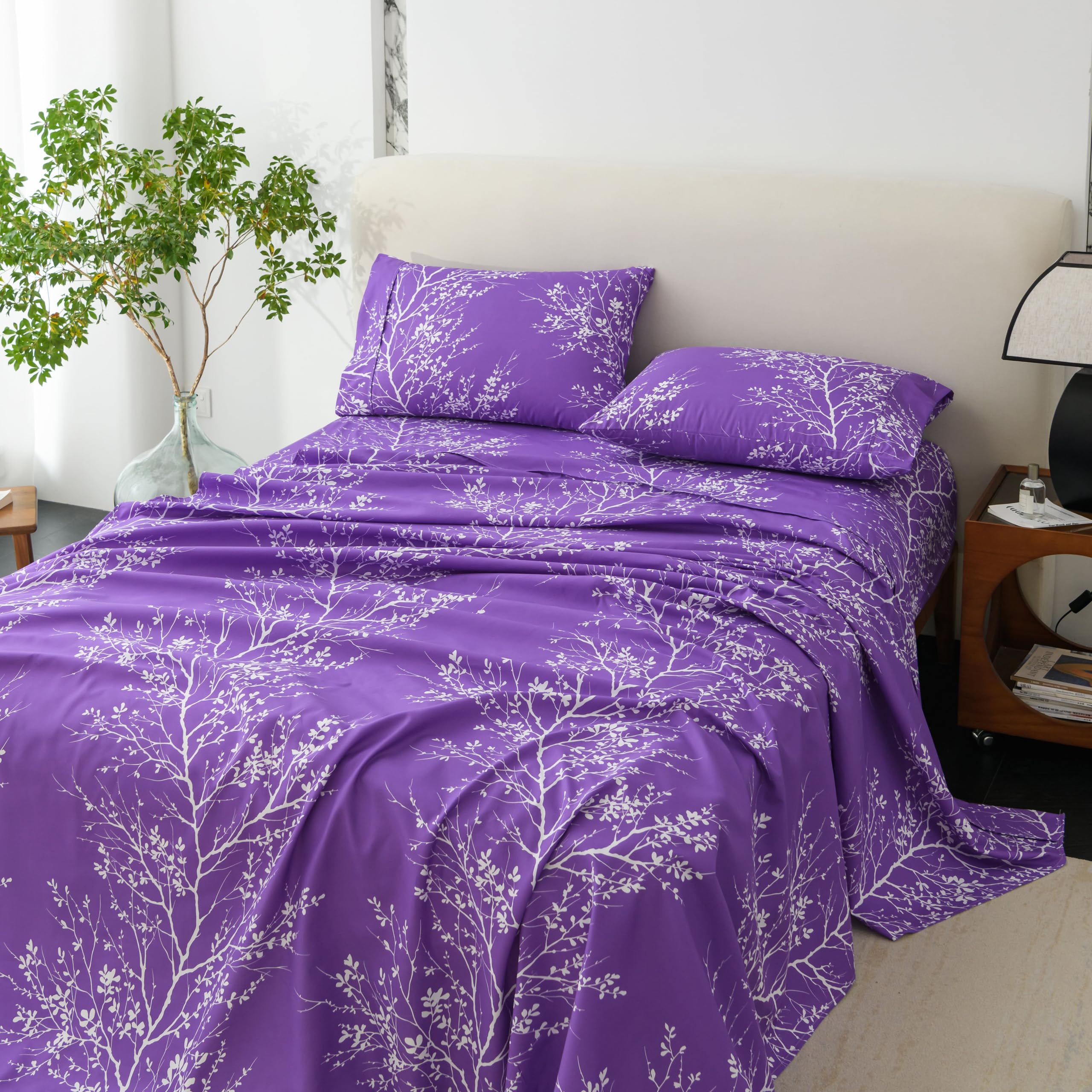 Spirit Linen home King Size Sheets Set - Pure Microfiber 4 Piece Polyester Bed Sheets, Fitted Sheet & Pillow Cases - King Sheets for All Seasons (Foliage Purple/White, King)