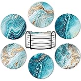 Dooke Coasters for Drinks, Round Absorbent Ceramic Stone Coasters Set of 6 with Cork Base,Funny Coaster with Holder for Cold Drinks Wine Mugs and Cups Tabletop Protection, 4 Inches,Teal Marble