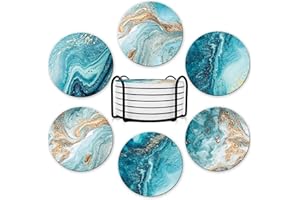 Dooke Coasters for Drinks, Round Absorbent Ceramic Stone Coasters Set of 6 with Cork Base,Funny Coaster with Holder for Cold Drinks Wine Mugs and Cups Tabletop Protection, 4 Inches,Teal Marble